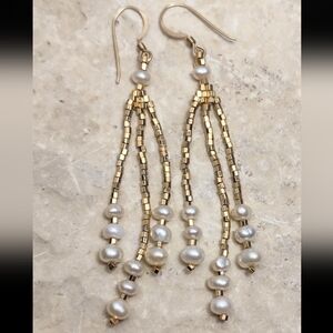 14K Gold GF Cultured Pearl Tassel Dangle Earrings